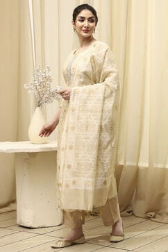 Beige Chanderi Jamdani Unstitched Suit Set image number 4