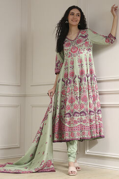 Sage Green Cotton Printed Anarkali Suit Set image number 0