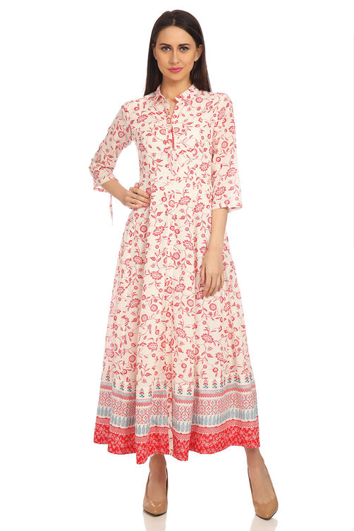 White And Red Flared Cotton Printed Kurta Dress image number 0