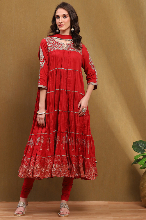 White Cotton Embroidered Tiered Anarkali Suit Set image number 6