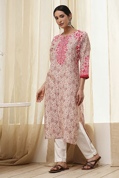 Beige Cotton Printed Straight Kurta image number 0