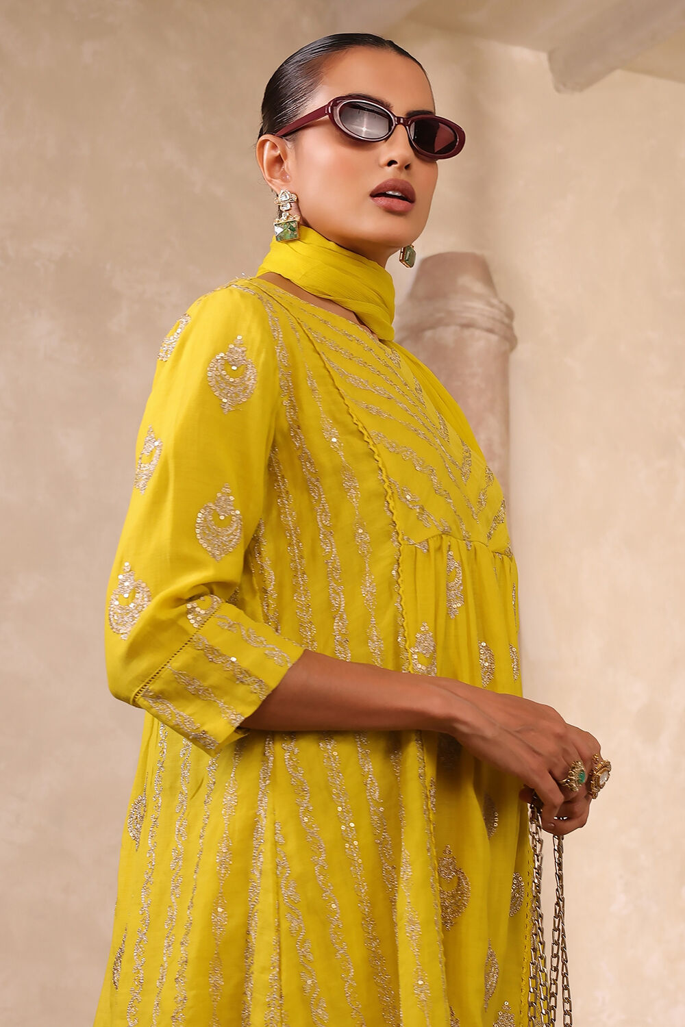 Lime Yellow Chanderi Embroidered Gathered Suit Set image number 1