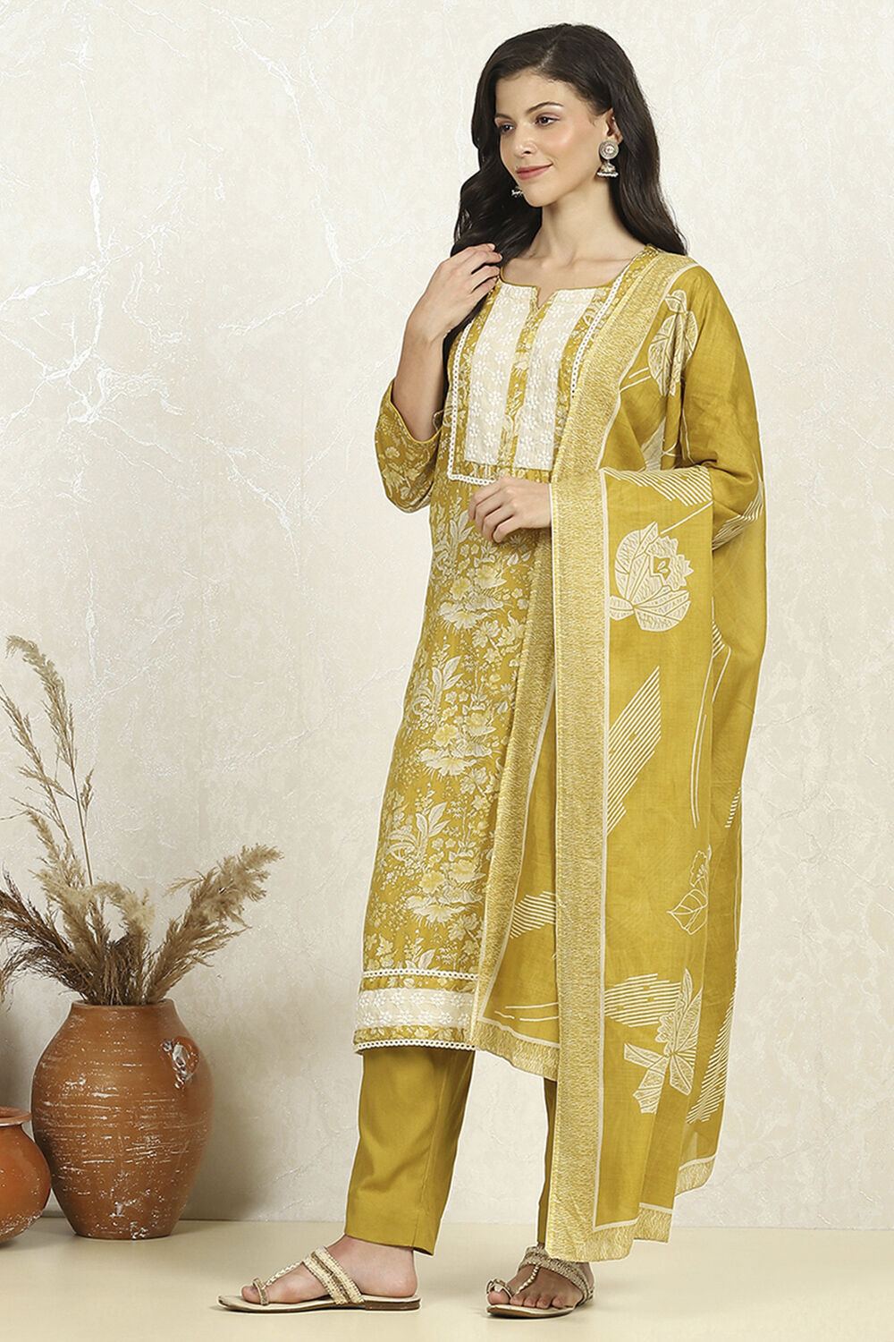 Yellow Cotton Floral Printed Unstitched Suit Set image number 4