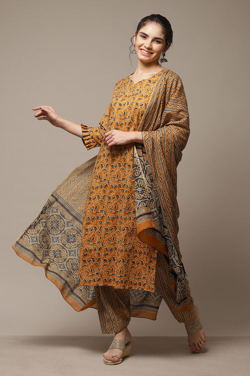 Mustard Cotton Screen Print Unstitched Suit Set image number 0