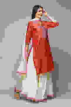 Red & Off White Cotton Blend Straight Kurta Suit Set image number 6