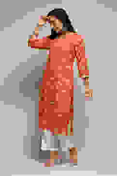 Orange LIVA Straight Printed Kurta image number 2