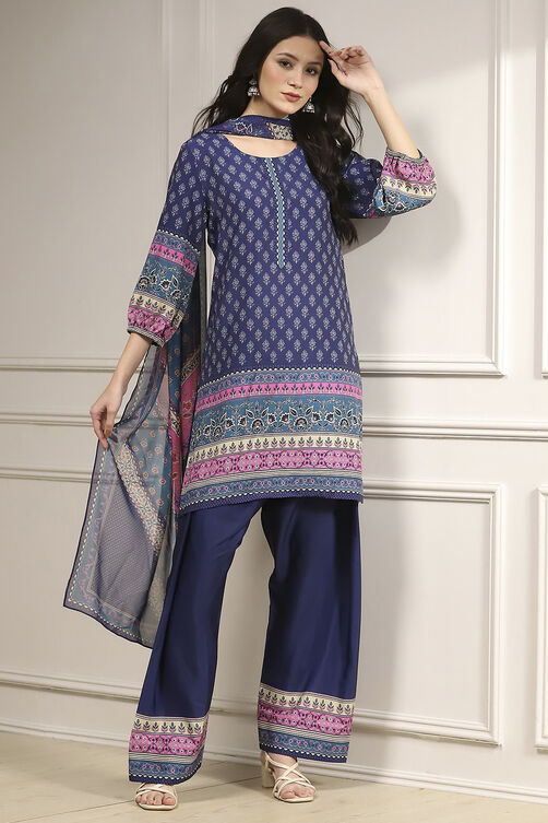 Blue Printed Straight Suit Set image number 0