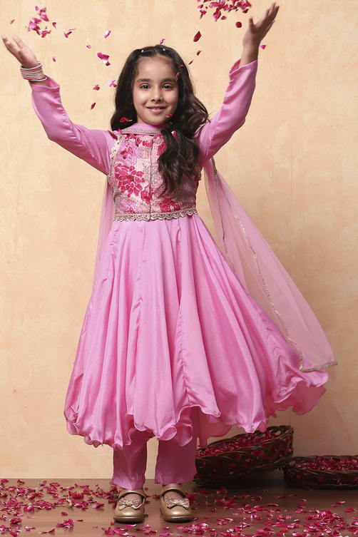 Buy Pink Polyester Blend Anarkali With Jacket Suit Set Online at