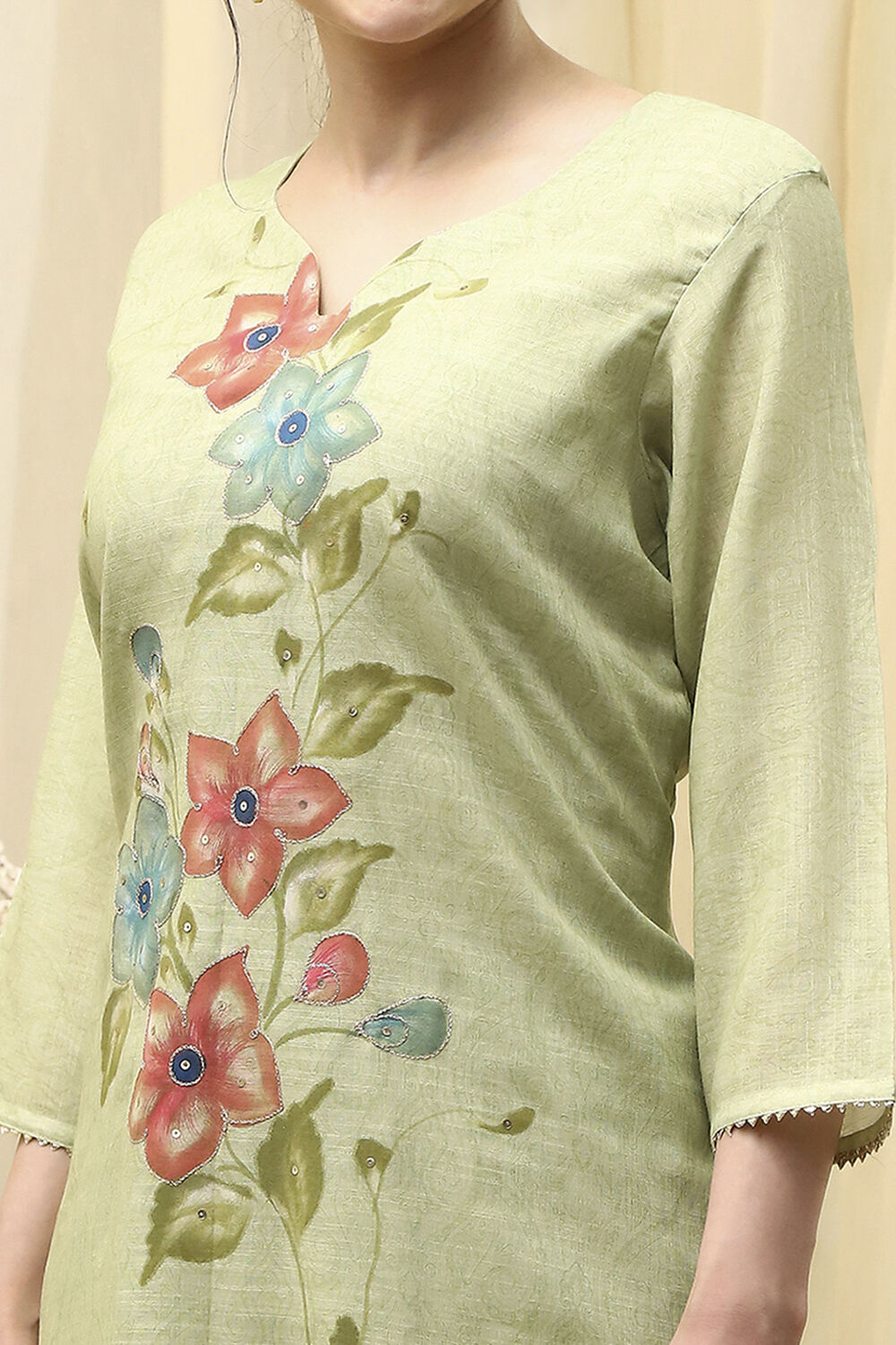 Green Linen Hand Painted Unstitched Suit Set image number 2