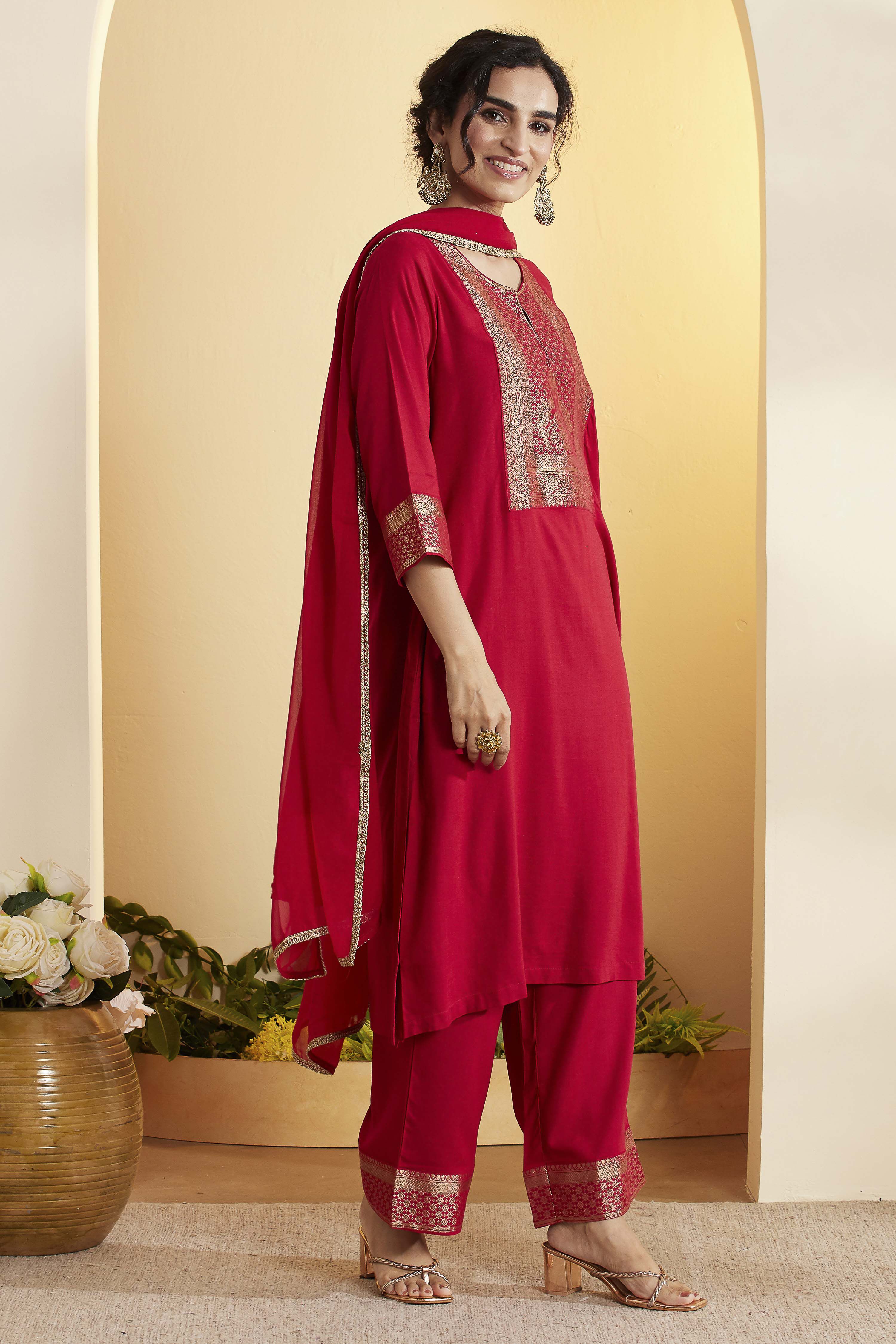 Red Viscose Rayon Yoke Design Straight Kurta Set image number 4