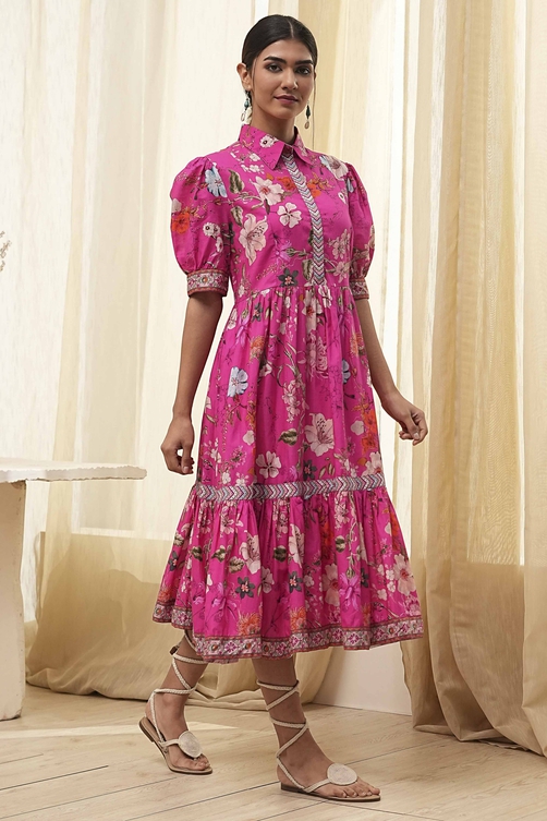 Pink Cotton Floral Printed Tiered Dress image number 4