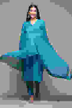 Turquoise LIVA Gathered Yarndyed Kurta Afgan Pant Suit Set image number 8