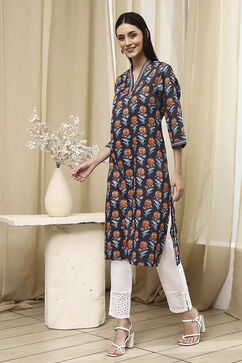Blue Cotton Printed Straight Kurta image number 2