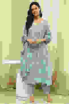 Green Cotton Screen Print Unstitched Suit Set image number 1