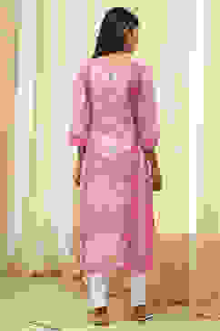 Pink Cotton Printed Straight Kurta image number 4