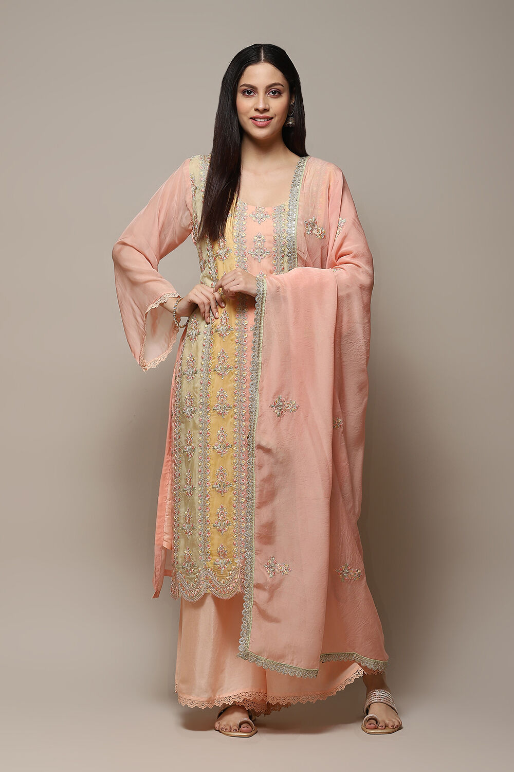 Peach Organza Printed Unstitched Suit Set image number 8