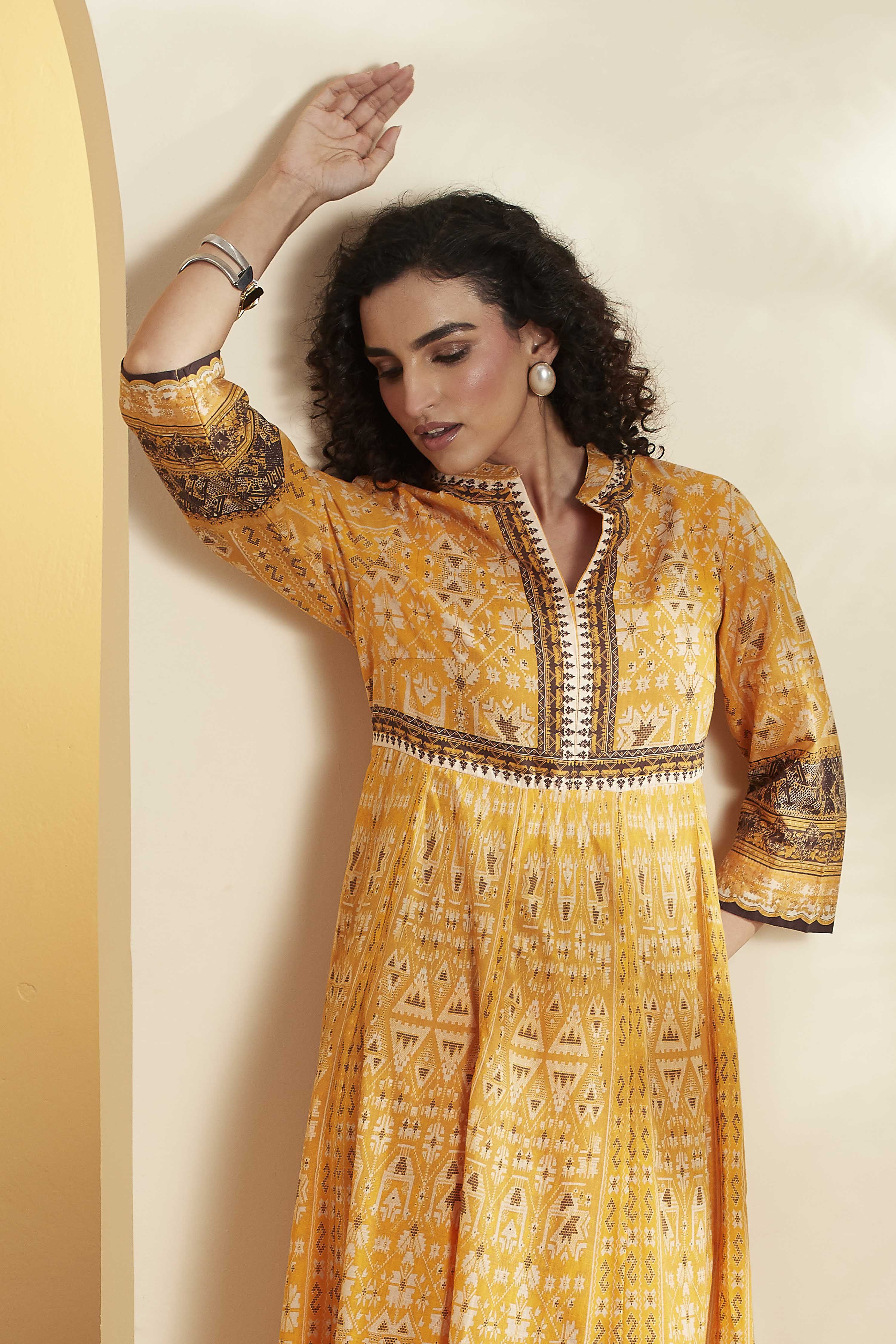 Yellow Cotton Anarkali Kurta Pants Set image number 1