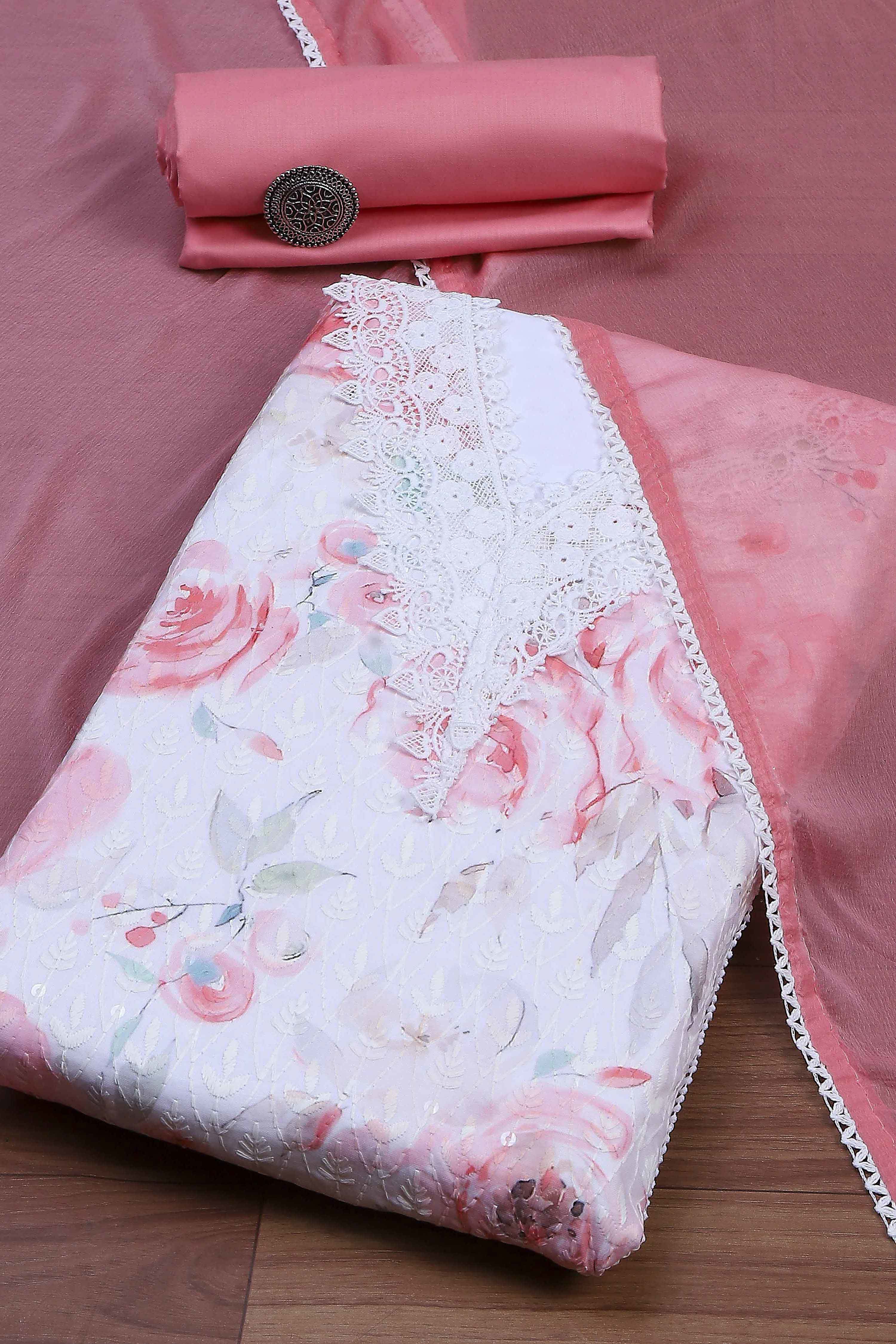 Peach Cotton Printed Embroidered Unstitched Suit Set image number 0