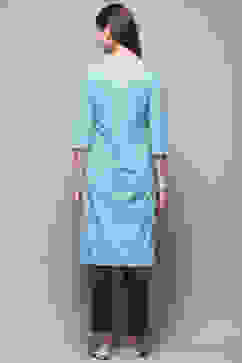 Marine Blue Printed Cotton Straight Suit Set image number 6