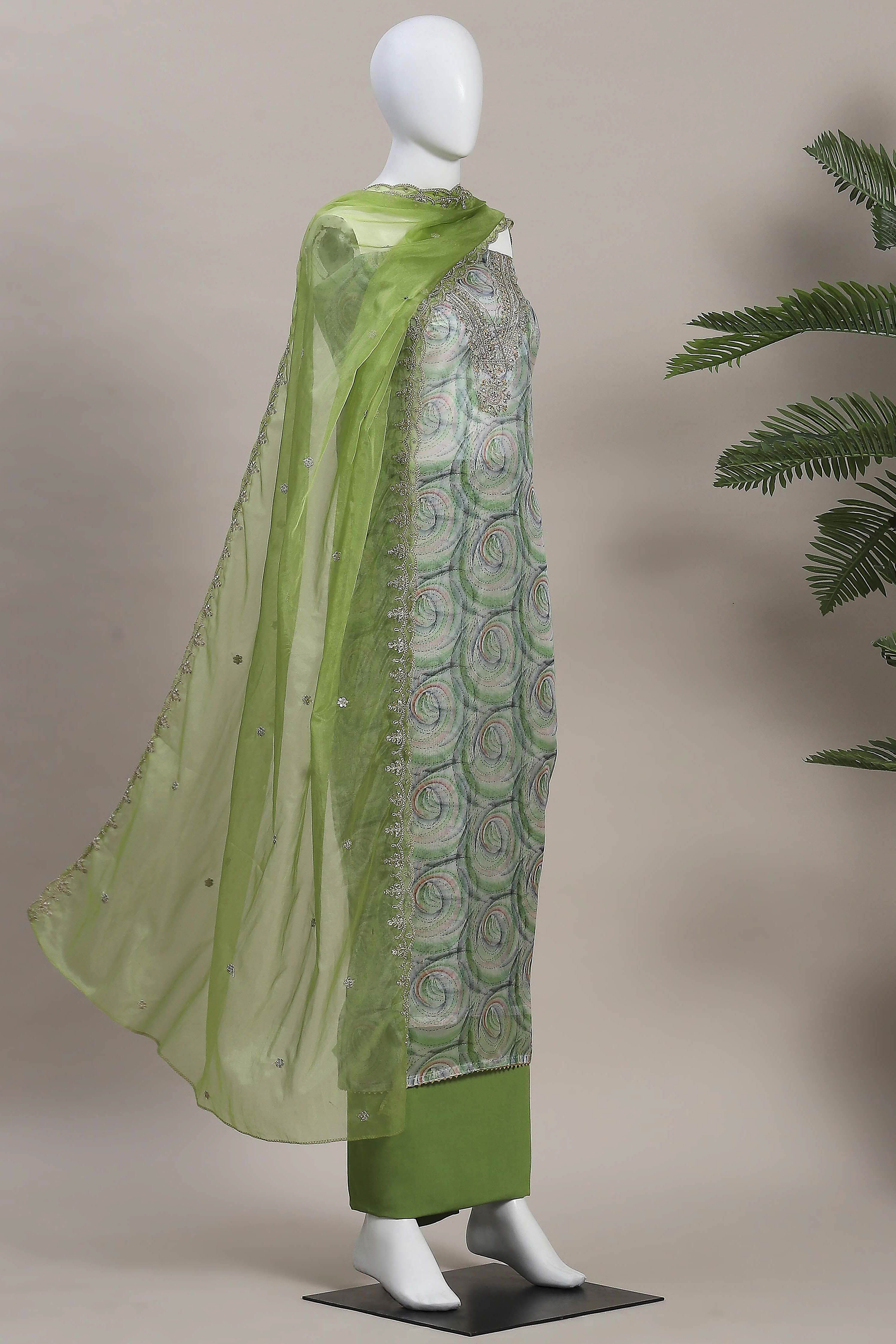 Pink Organza Rajasthani Print Unstitched Suit Set image number 4