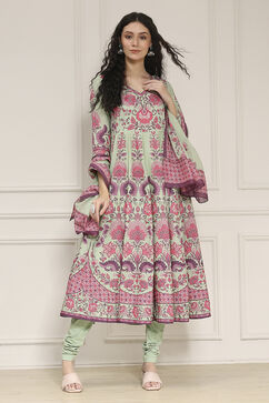 Sage Green Cotton Printed Anarkali Suit Set image number 6