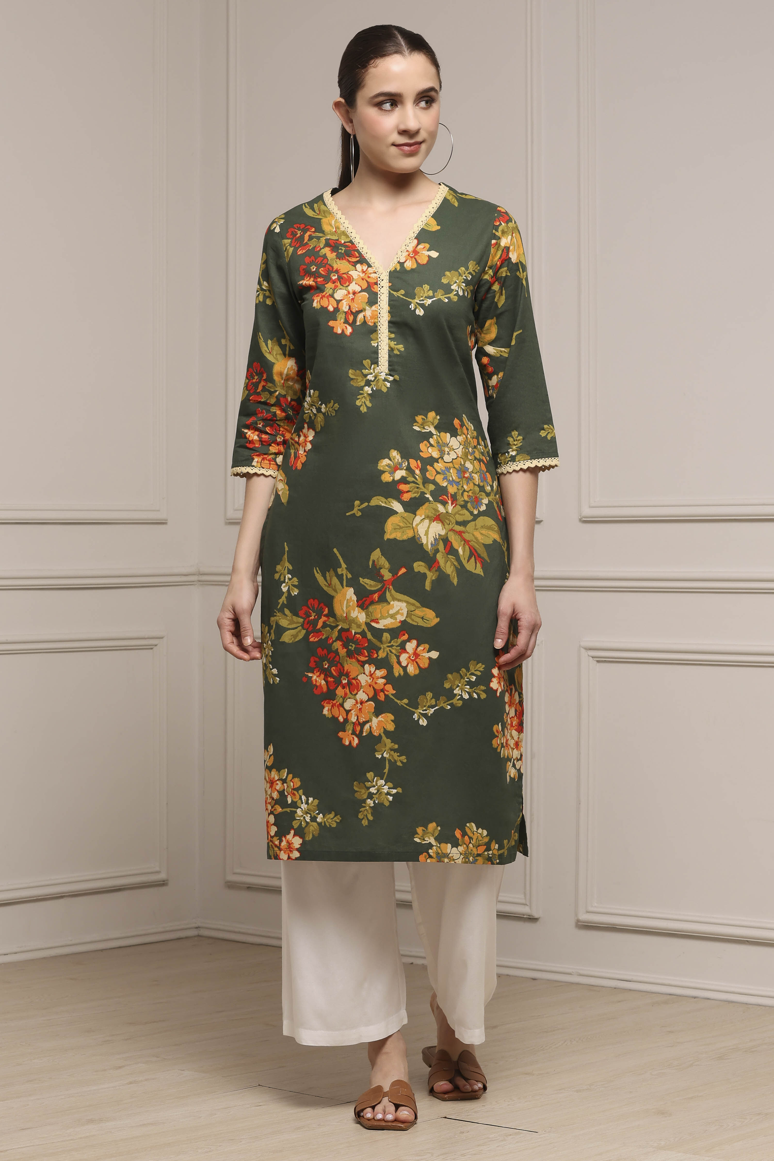 Olive Green Cotton Straight Printed Kurta image number 0