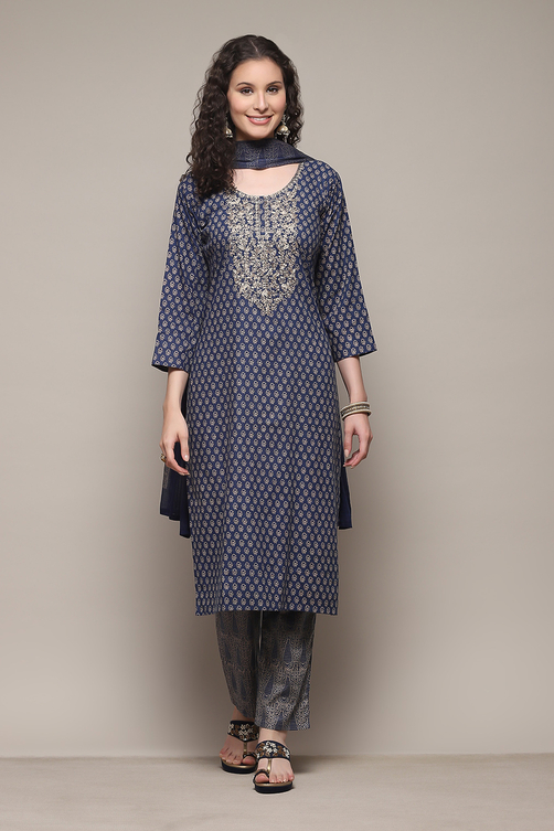 Blue Cotton Hand Embroidered Unstitched Suit Set image number 8