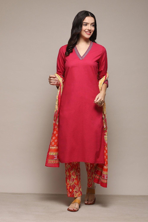 Coral Cotton Straight Kurta Pant Suit Set image number 0