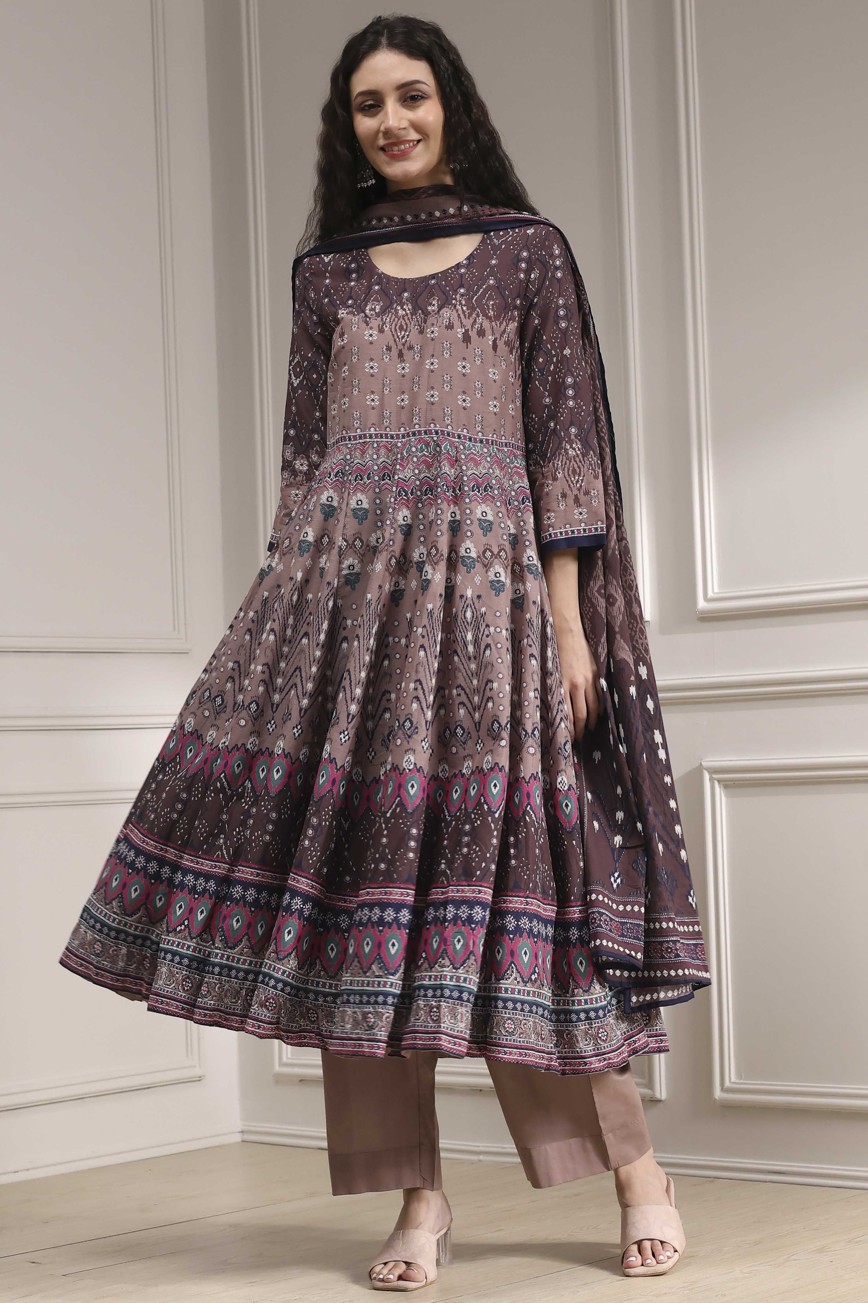 Lilac Cotton Printed Anarkali Suit Set image number 6
