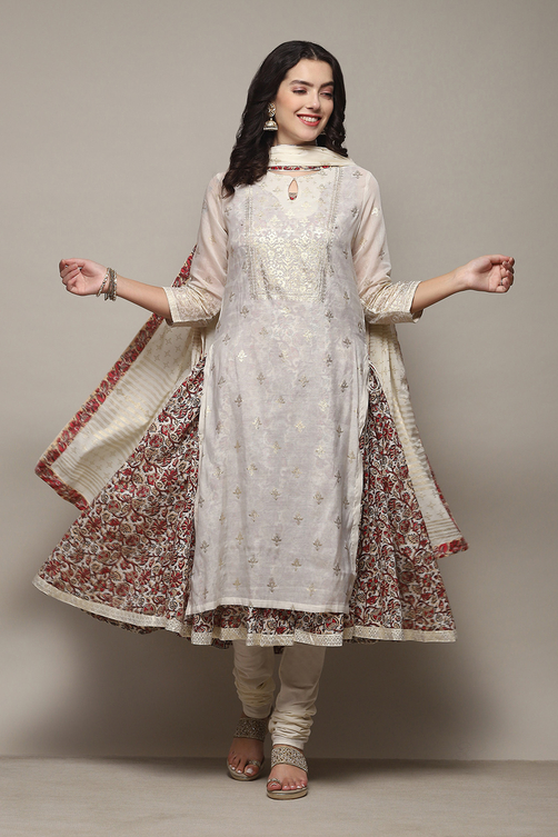 Buy Off White Cotton Layered Printed Kurta Churidar Suit Set