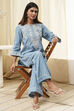 Blue Cotton Embroidered Straight Kurta Set image number 0