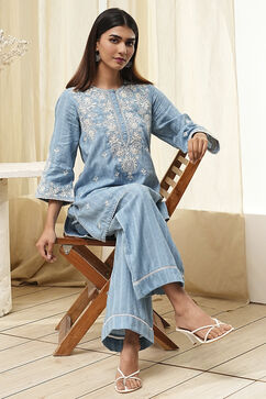 Blue Cotton Embroidered Straight Kurta Set image number 0