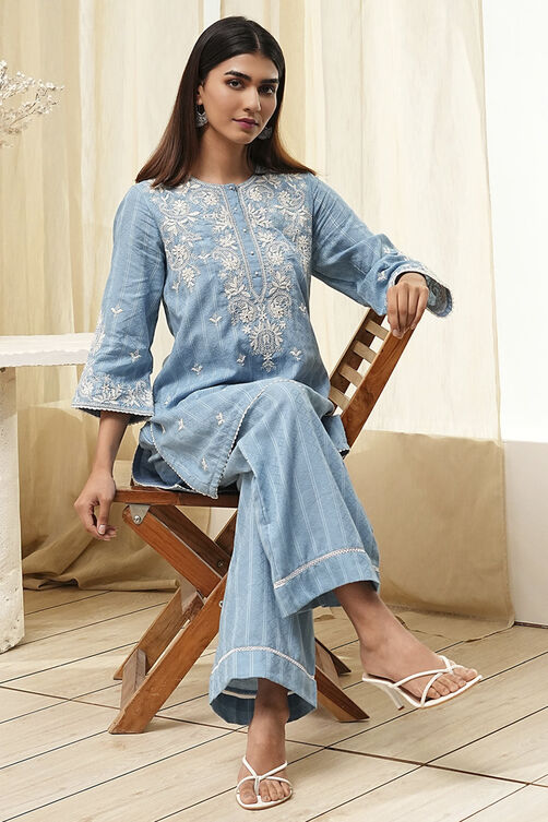 Blue Cotton Embroidered Straight Kurta Set image number 0