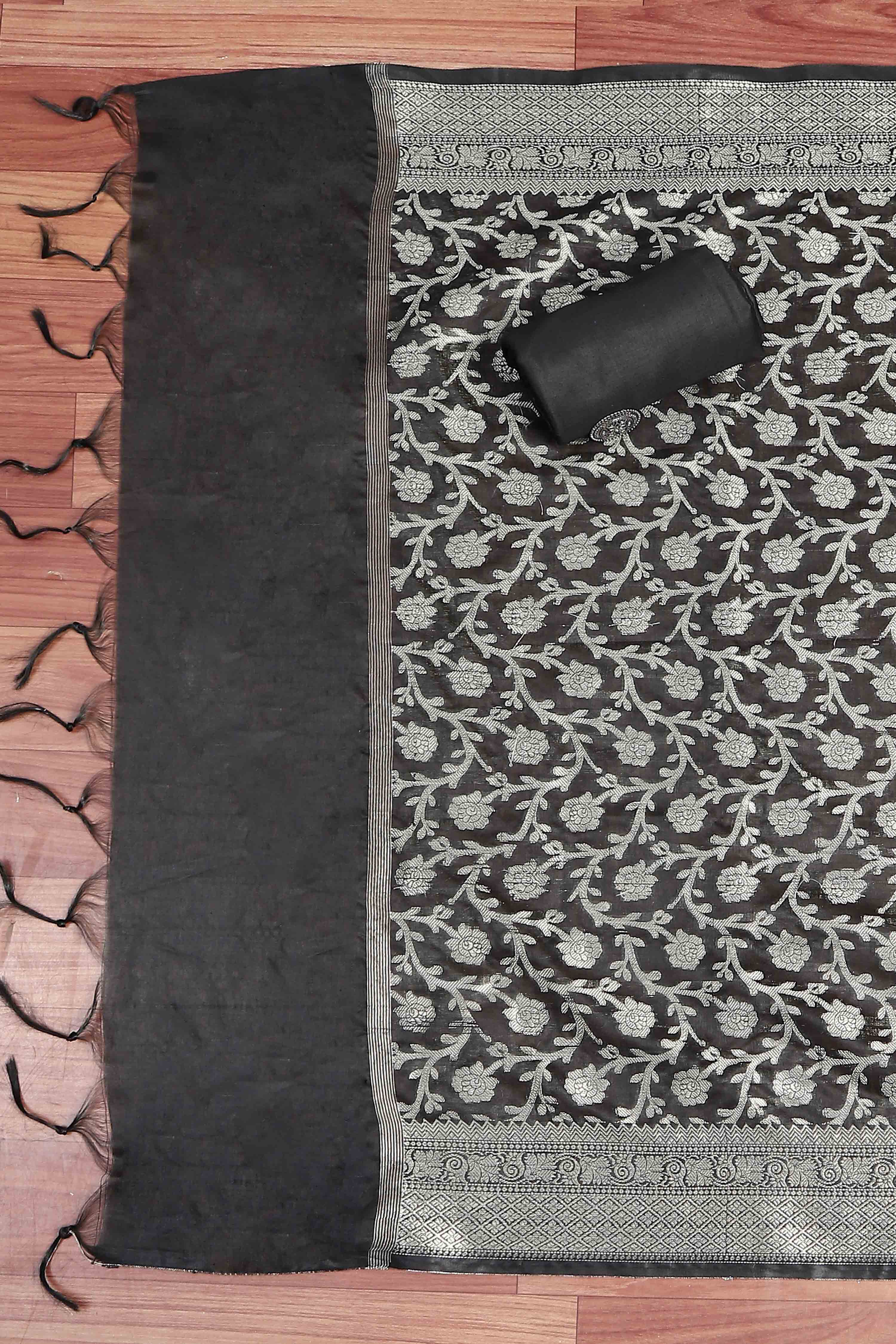 Green Black Poly Cotton Banarasi Unstitched Suit Set image number 3
