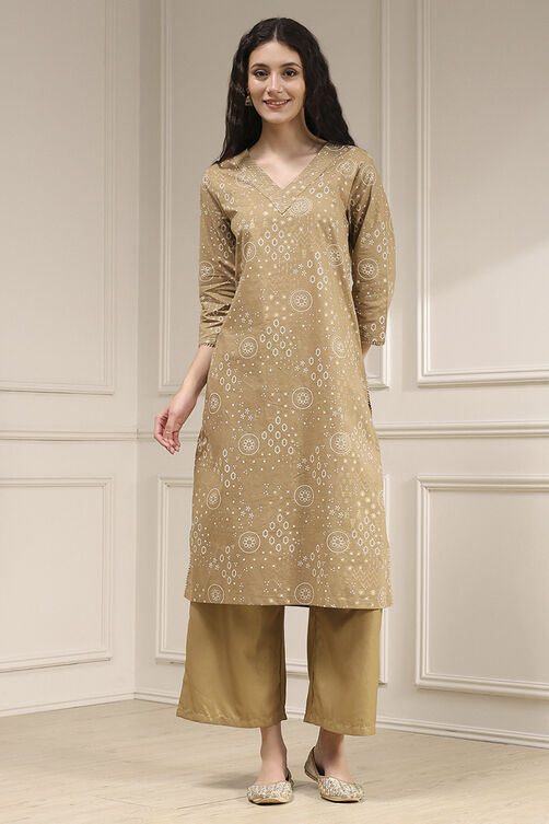 Beige Cotton Printed Straight Kurta image number 5