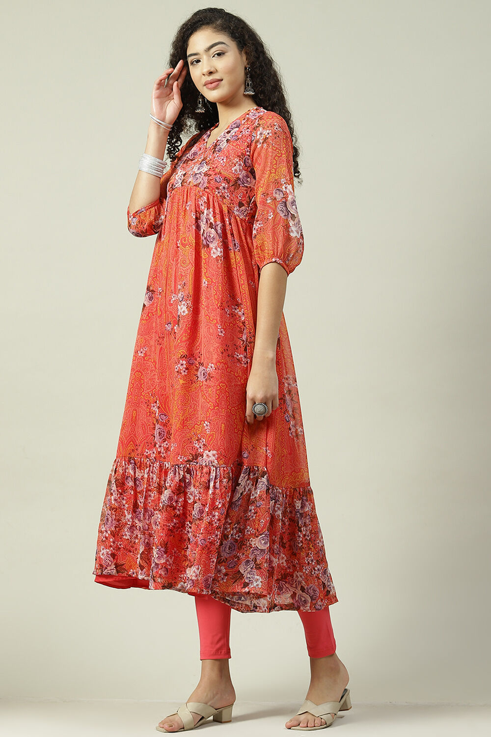 Coral Viscose Flared Kurta Set image number 3