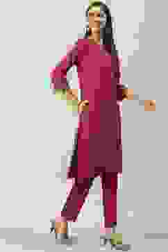 Wine Solid LIVA Straight Kurta Regular Pant Suit Set image number 0
