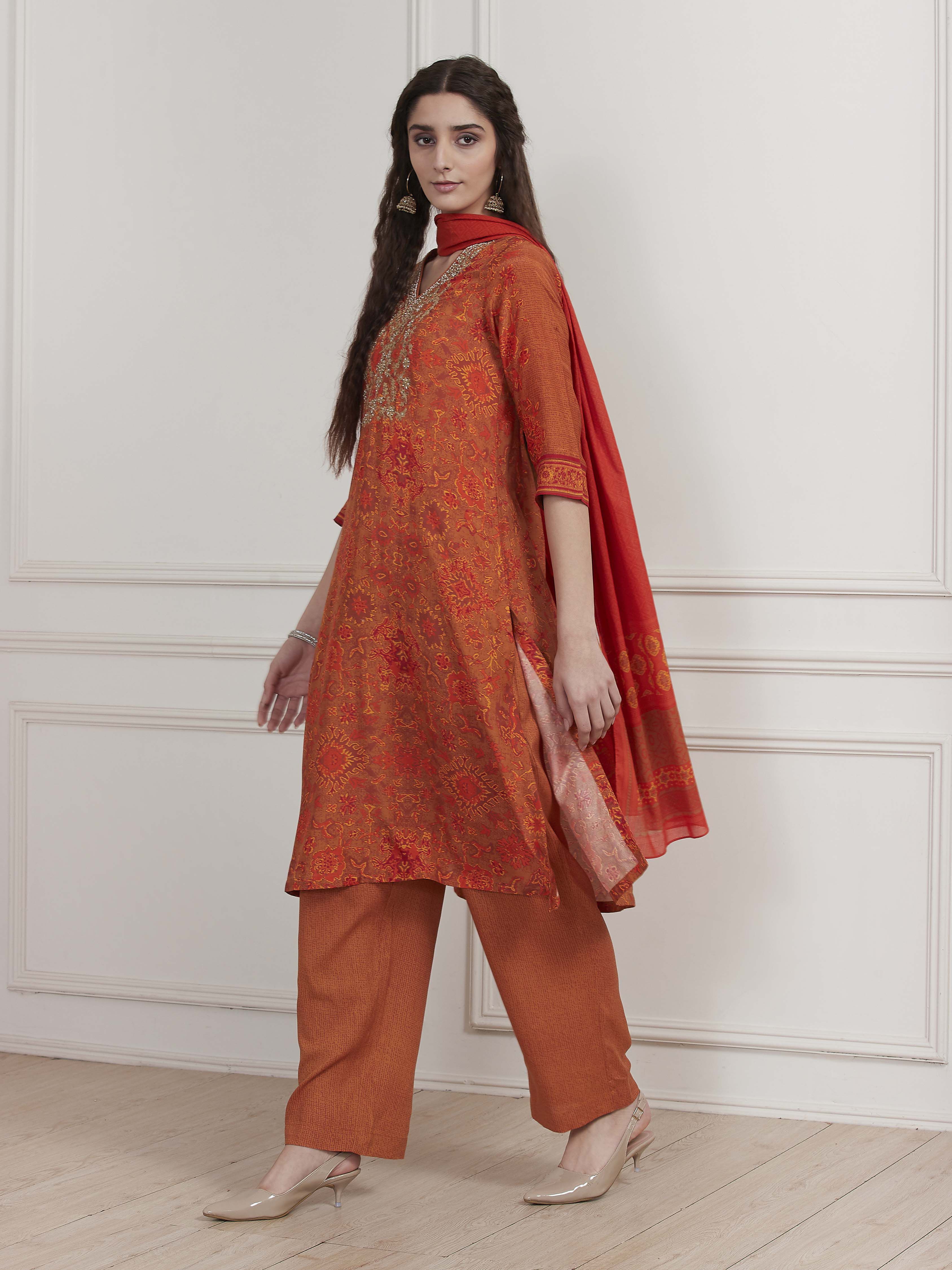 Orange Modal Printed Straight Suit Set image number 3