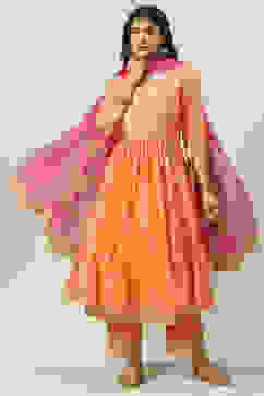 Orange Pink Cotton Silk Flared Kurta Palazzo Suit Set image number 7
