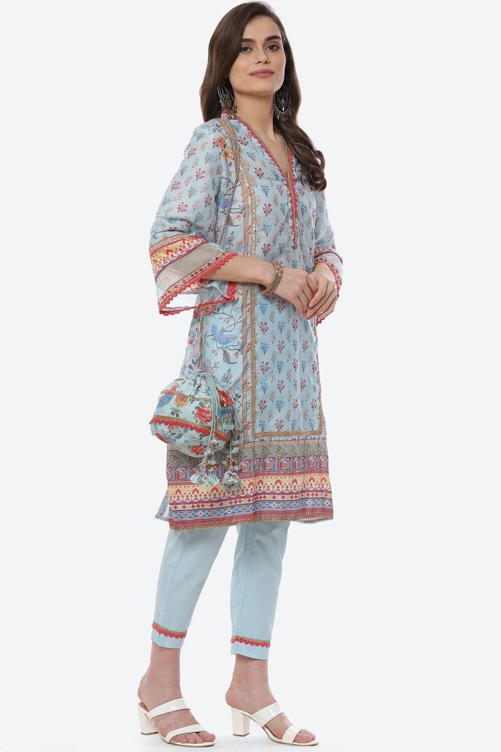 Grey Art Silk Straight Kurta Slim Pant Suit Set image number 6