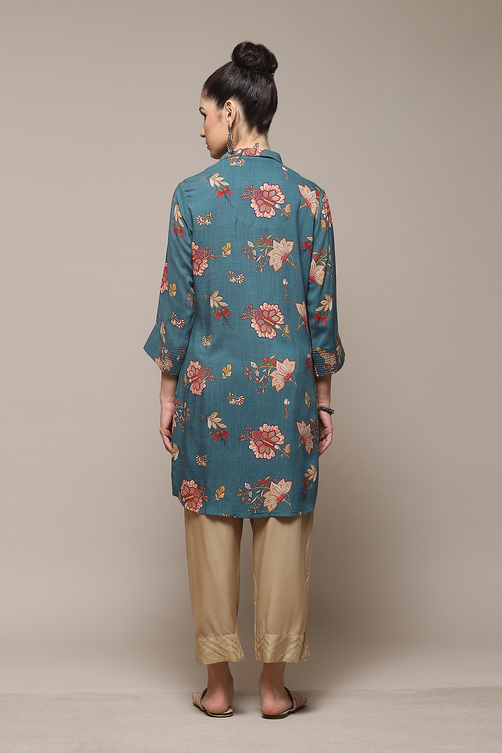 Teal LIVA Straight Printed Top image number 5