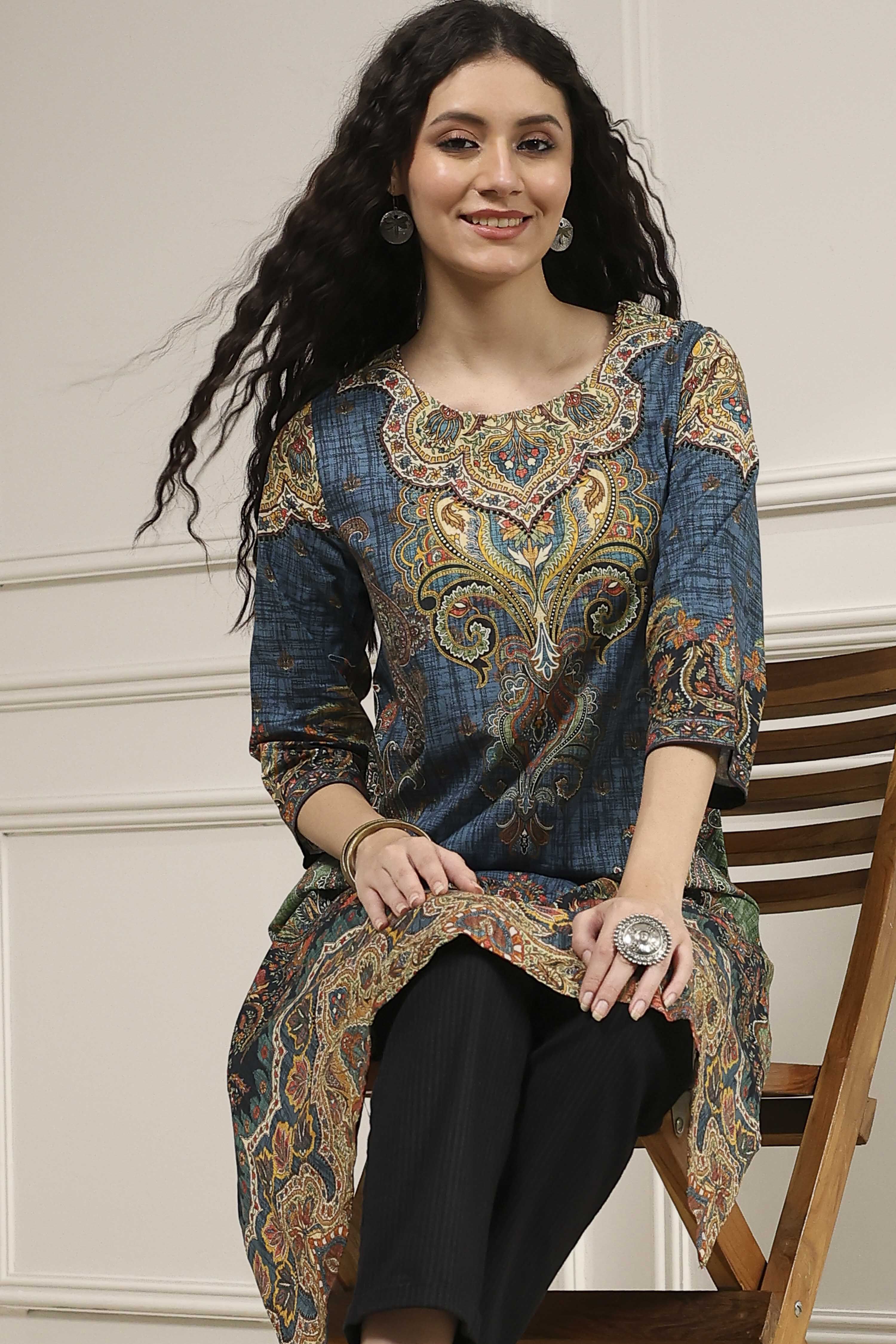 Blue Cotton Printed Straight Kurta image number 6