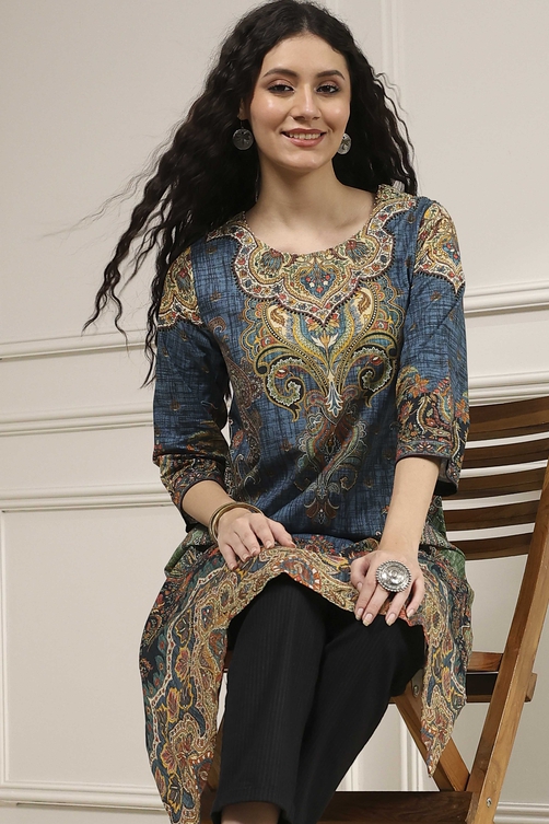Blue Cotton Printed Straight Kurta image number 6