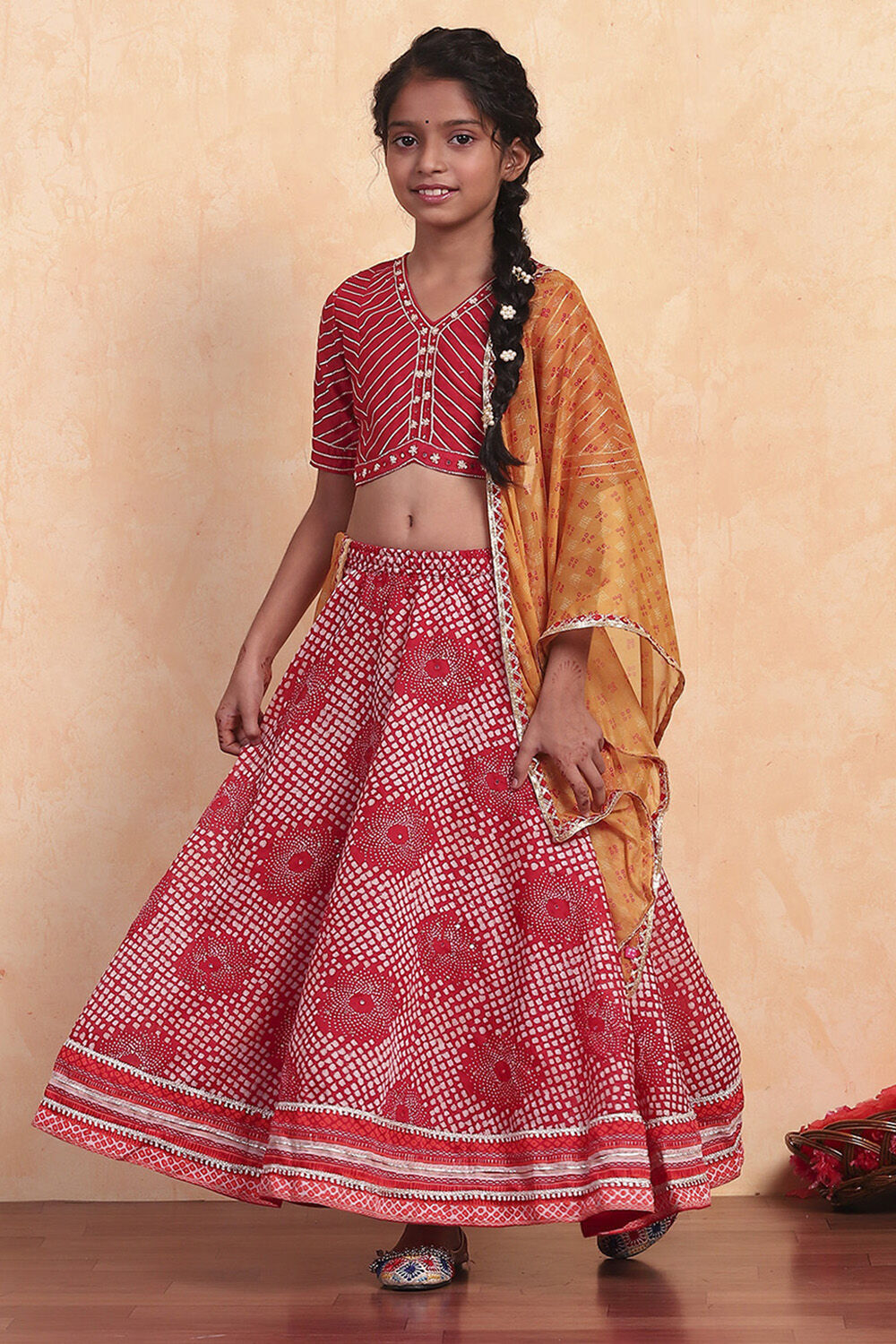 Red Poly Chanderi Printed Lehenga Set image number 0