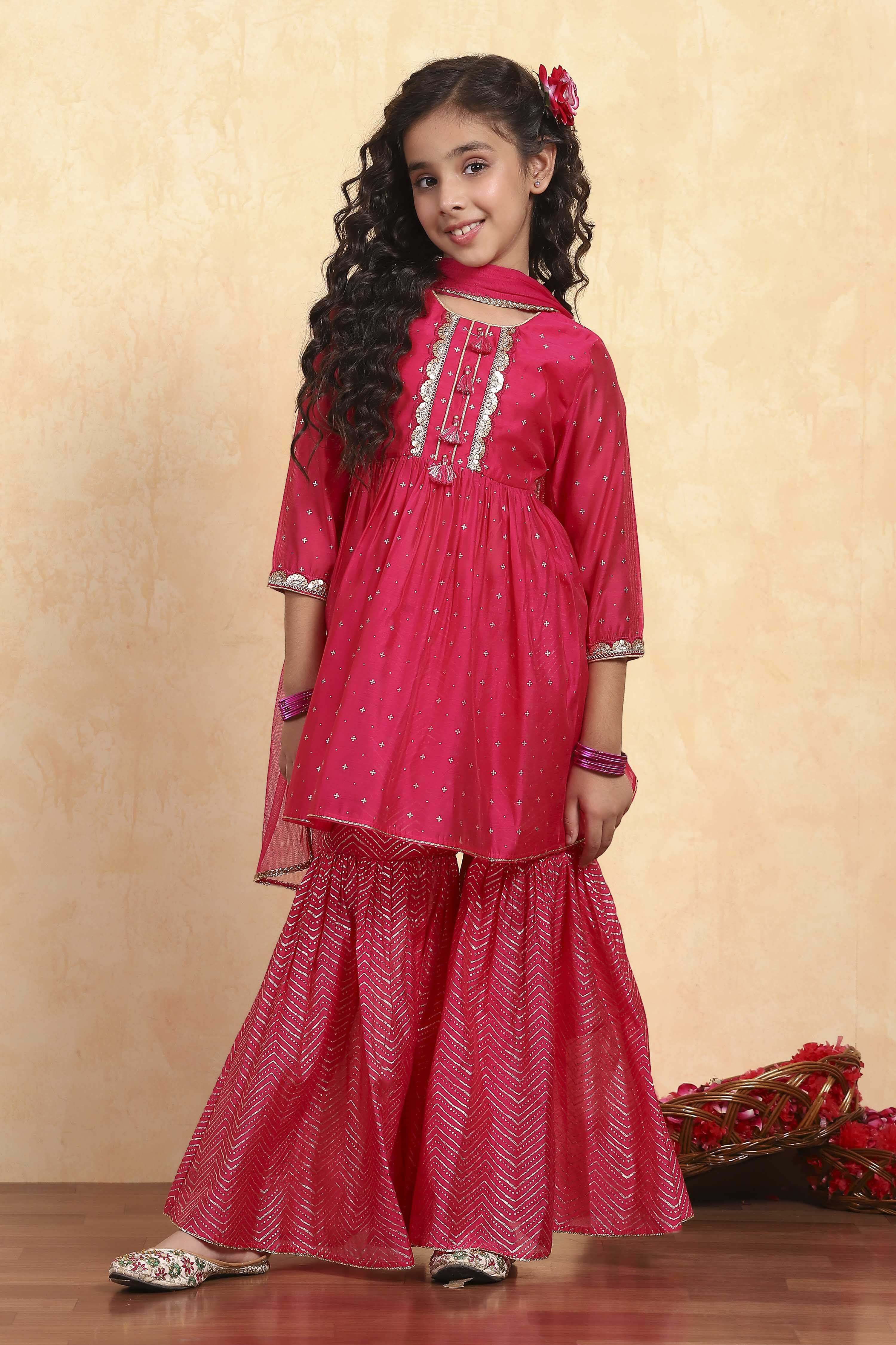 Pink Polyester Blend Printed Gathered Suit Set image number 0