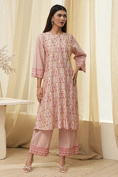 Off-White and Pink Cotton Straight Kurta Set image number 6