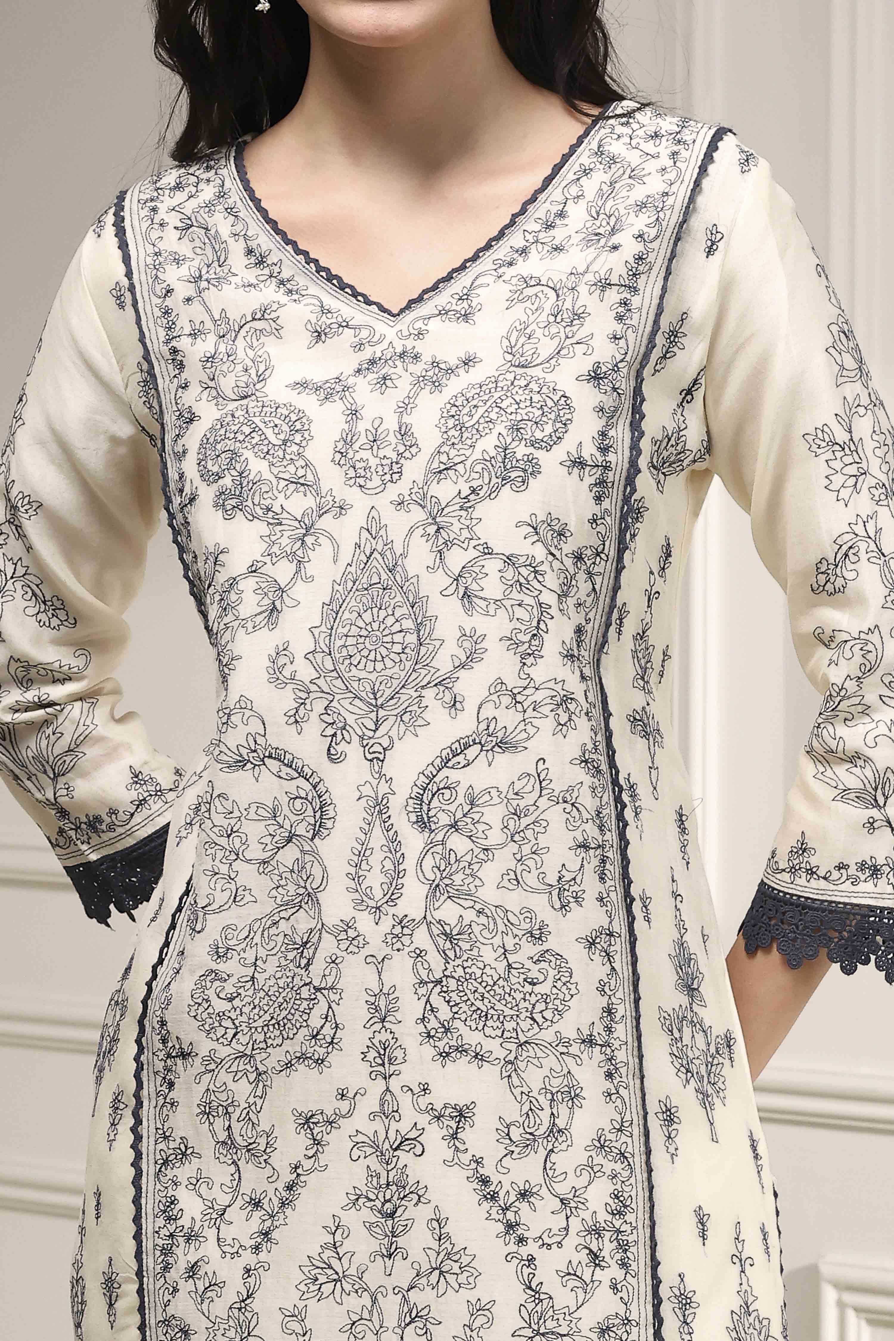 Natural White Chanderi Embroidered Straight Suit Set image number 1