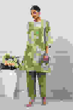 Green Chanderi Floral Straight Kurta Set image number 4