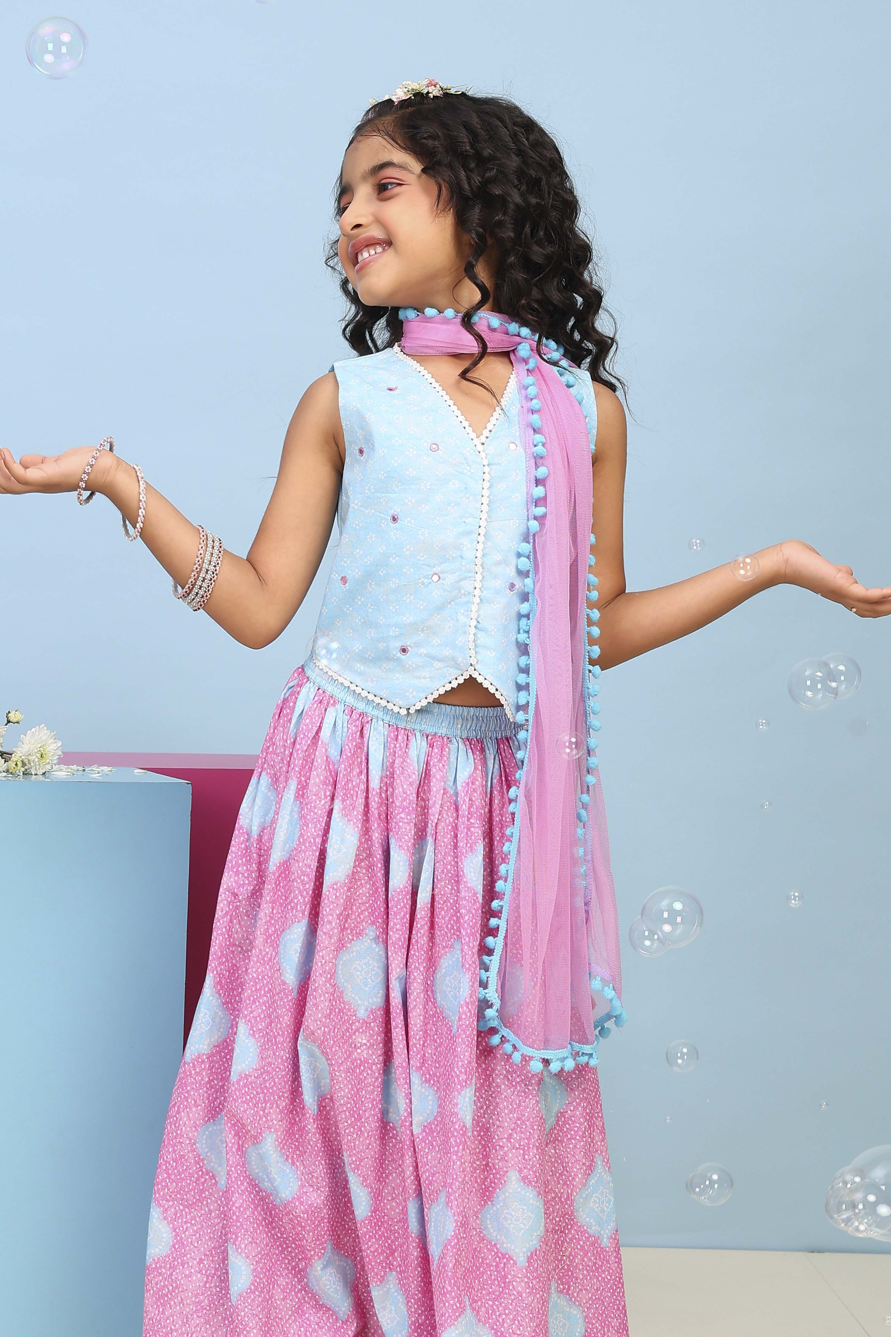Blue Cotton Printed Straight Lehenga Set image number 7
