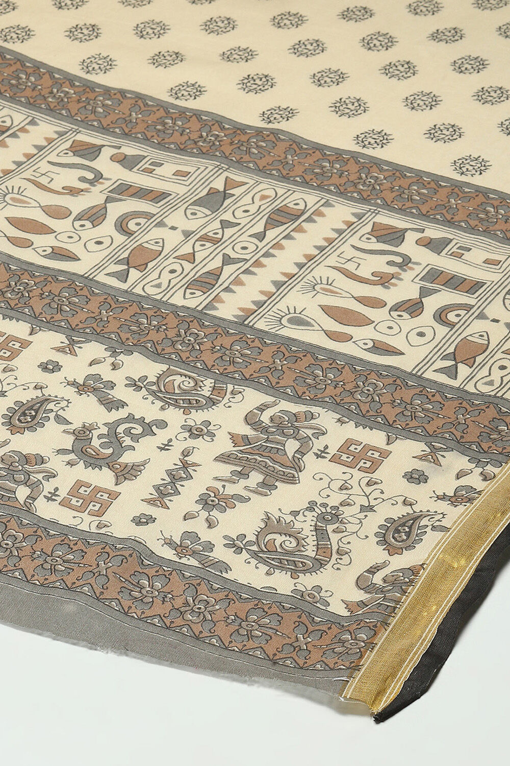 Grey Cotton Screen Printed Unstitched Suit Set image number 4